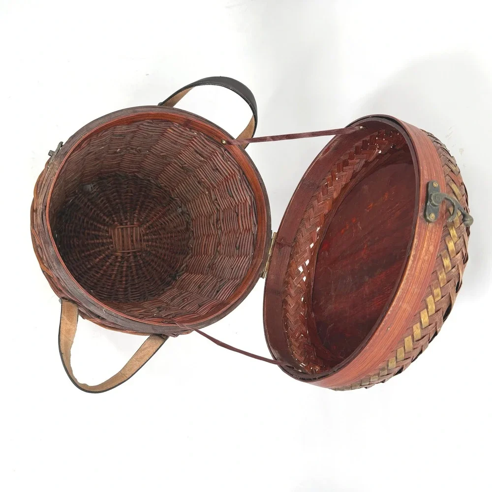 Vintage Asian Woven Rattan Storage Basket Hinged Lid Latch Handle Wicker READ